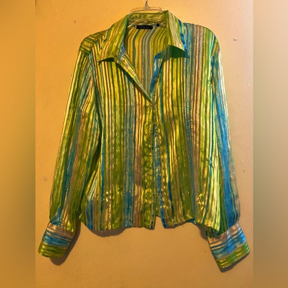 La Caviar Sheer Striped Button Down Top, Size Large - Picture 3 of 5